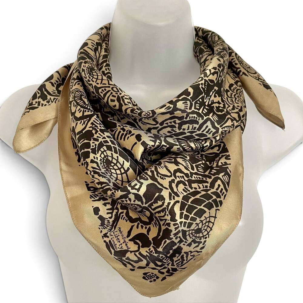 Vintage Liberty of London Abstract Floral Print Tan Brown Silk Twill Scarf